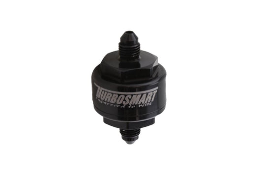 Turbosmart Billet Turbo Oil Feed Filter with 44 micron pleated disk stainless steel washable screen filter. AN-4 male inlet and outlet - Black