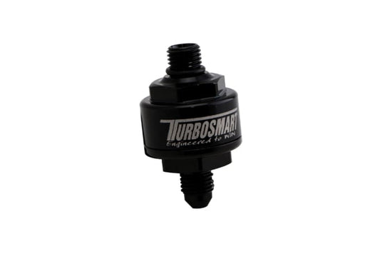 Turbosmart Billet Turbo Oil Feed Filter with 44 micron pleated disk stainless steel washable screen filter. AN-4 male to AN-4 ORB- Black